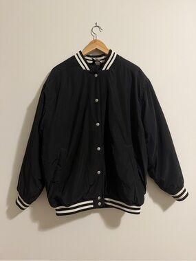 Classic Black Bomber Jacket with Striped Trim